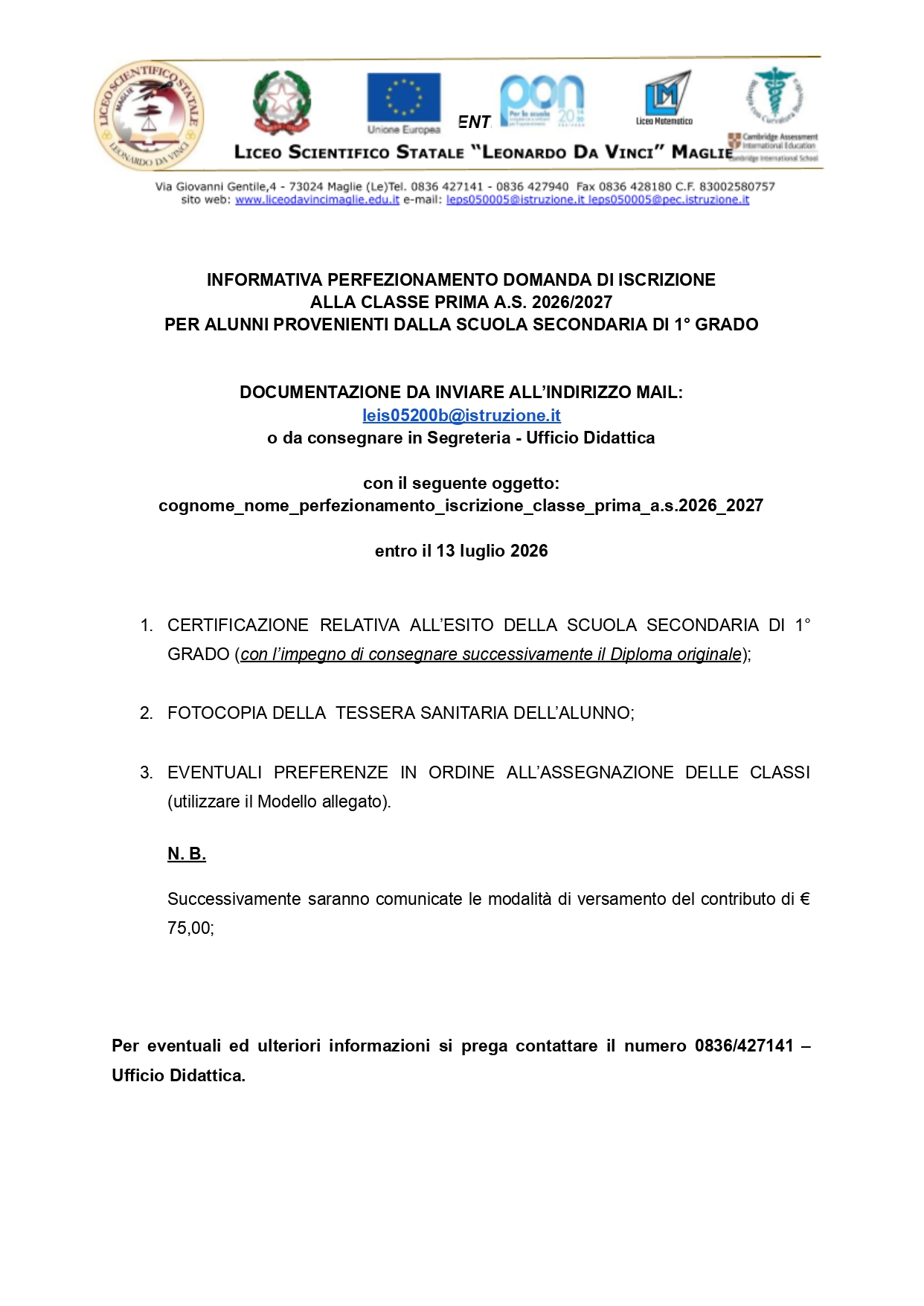 Perfezionamento domanda di iscrizione classi prime page 0001
